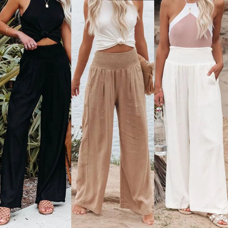 Women Cotton Linen Loose Wide Leg Pants 2023 Spring Summer Office Lady Casual Solid Jogger Elastic Waist Oversized Trousers