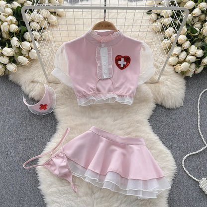 Nurse Uniform Cosplay Sexy Suits Women Short Sleeves Ruffles Top+Mini Skirt+Thongs Nightwear 2023   Outfit Wanita