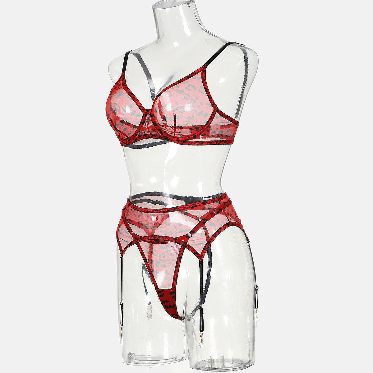 Leoparden-Dessous für Damen, Spitzen-Unterwäsche-Set mit Strümpfen, 5-teilig, Tangas, Strumpfband, transparenter BH, Strumpfhosen