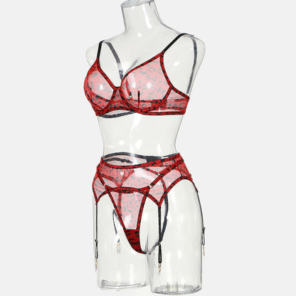 Leoparden-Dessous für Damen, Spitzen-Unterwäsche-Set mit Strümpfen, 5-teilig, Tangas, Strumpfband, transparenter BH, Strumpfhosen