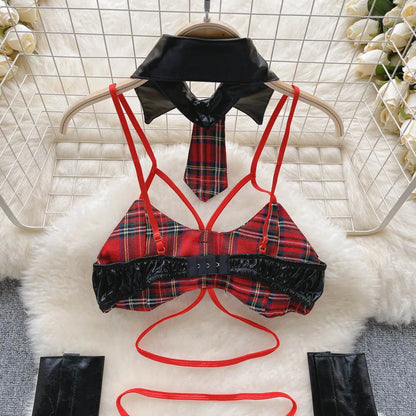 Plaid   Nightwear Two Pieces Set Women Backless Mini Camis+ Short Skirt Preppy Cosplay Sexy Underwear Suits Wanita