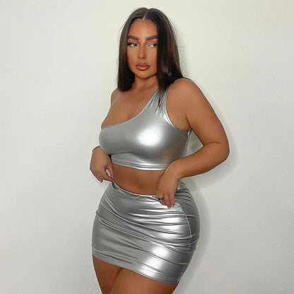 Bright Silver Sexy 2 Pieces Set Women 2023 New Solid Color One Shoulder Sleeveless Crop Top and Short Skirt Suit for Summer