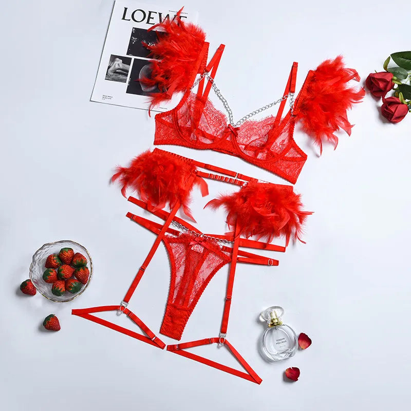 Transparent Women's Underwear Luxury Feather Decoration Metal Chain Lingerie Thong Suit Sexy Punk  Apparel