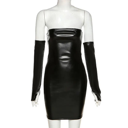 Leosd Sexy Strapless PU Mini Club Dress Winter Autumn Faux Leather Bodycon Dresses with Sleevelets Party Clubwear Tube Sundress