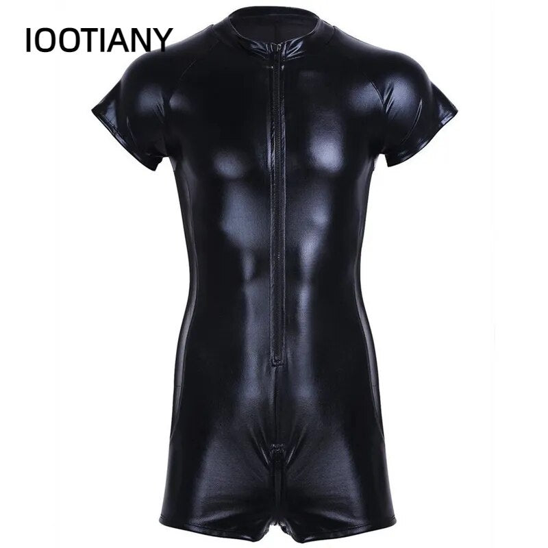 Wetlook Latex Catsuit Leder Mann Overalls Schwarz Stretch PU Leder Bodys Sexy Clubwear Männer Zipper Open Crotch Catsuit