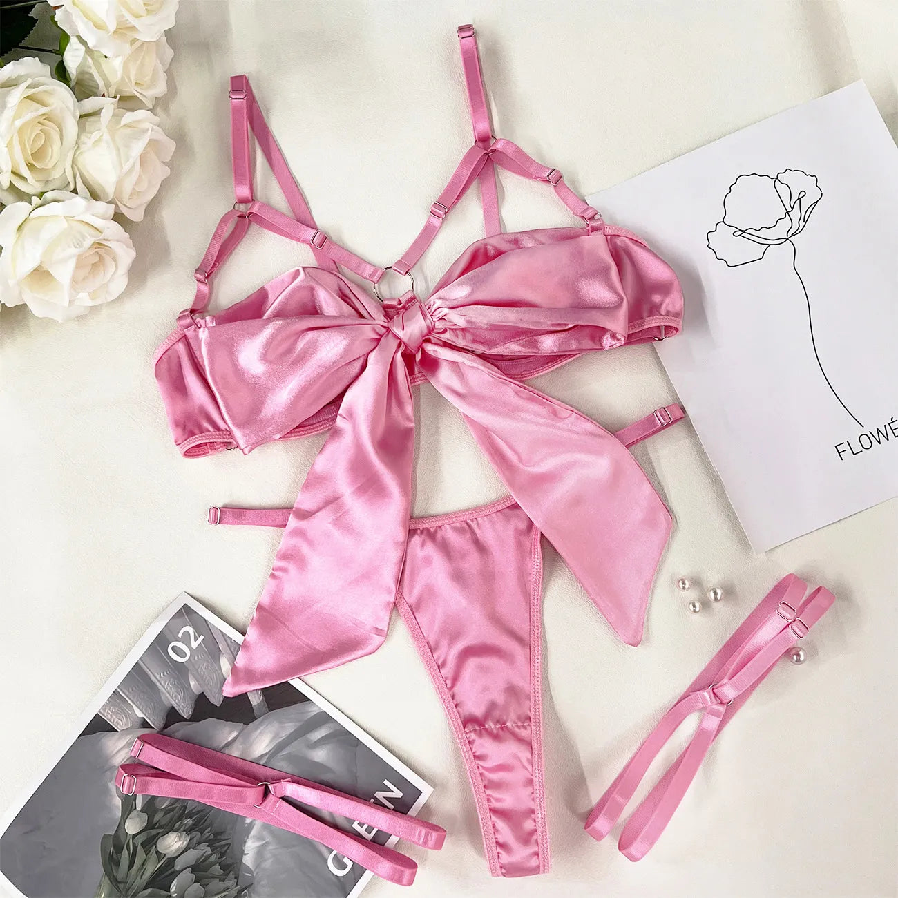 Bowknot Dessous, offener BH, Schnürung, sexy Unterwäsche, 3-teiliges Satin-Outfit, junge Mädchen, unzensiert, Bilizna