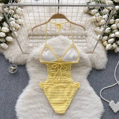 Hollow Out Backless Sexy Bodysuits Fashion Ladies Halter Beach Knitted Top 2023 Sheer Lace Up Vacation Slim Playsuits Wanita