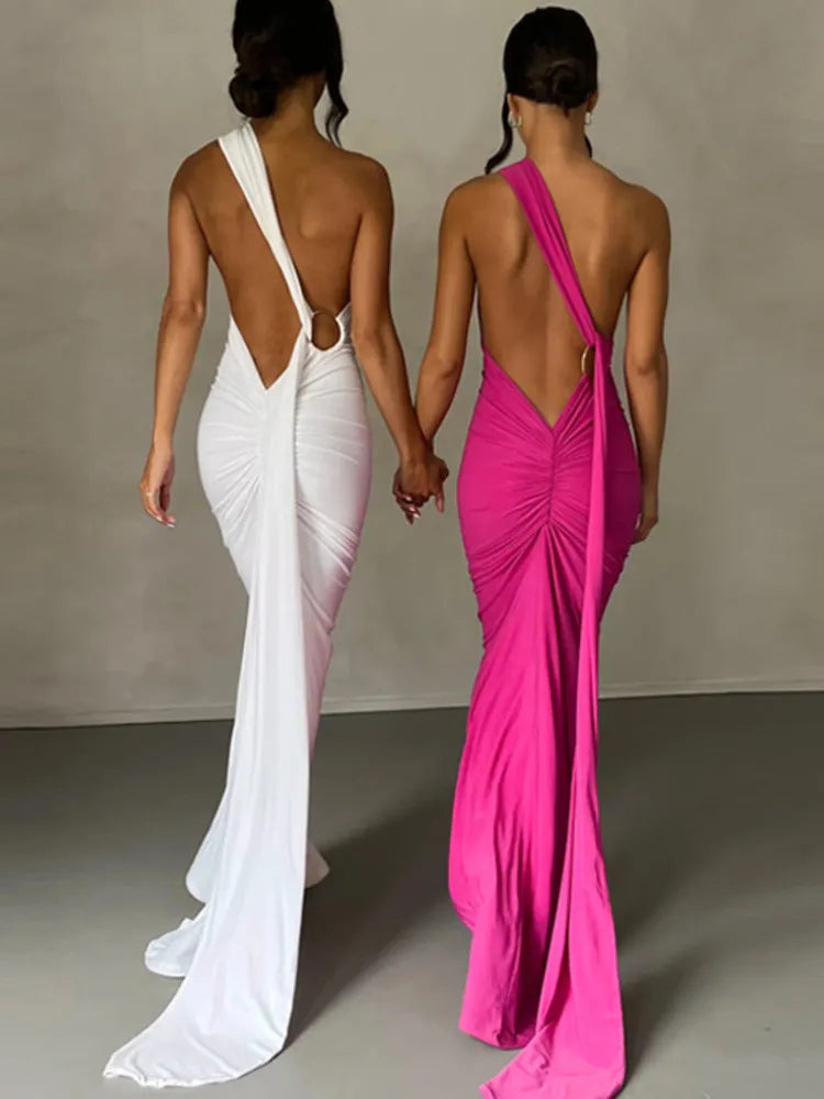 Mozision Schräge Schulter Backless Maxi Kleid Für Frauen Kleid Sommer Zurück Strap Ärmellose Geraffte Party Sexy Langes Kleid Vestidos