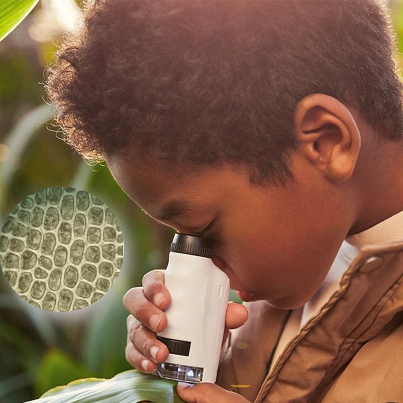 Juguetes para niños, experimentos de ciencia, kits de microscopio de bolsillo 60-120x, Mini microscopio educativo de mano, luz, vástago de juguete para niños, regalos