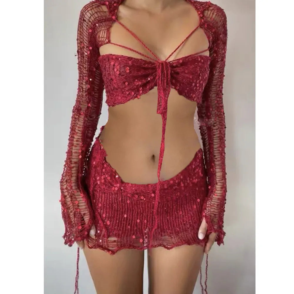 Häkeln Gestrickte Kleid Zwei Stück Rock Sets 2023 Sommer Frauen Kleidung Sexy Crop Tops