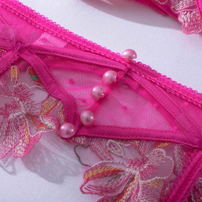 Ausgefallene rosa Dessous mit Blumenstickerei, sexy Tangas, Strumpfhalter-BH-Anzug, 3-teilig, zarte Luxus-Spitze, schöne Unterwäsche