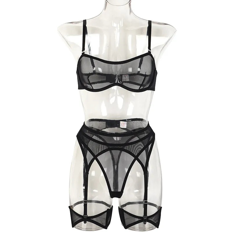 3-teiliges sexy Damen-Unterwäsche-Set, transparent, Dessous, Strumpfhalter-BH und Höschen, Spitzen-Intimtae, feines nahtloses Outfit