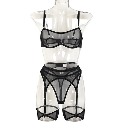 Ropa interior Sexy de 3 piezas para mujer, lencería transparente, conjunto de sujetador y bragas, ropa íntima de encaje, traje fino sin costuras