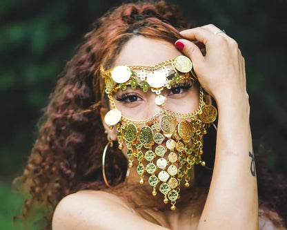 Máscara de mascarada con borla y moneda de lujo para mujer, velo, cadena para la cara, danza del vientre, escenario, diademas para fiesta, regalo bohemio para el cabello