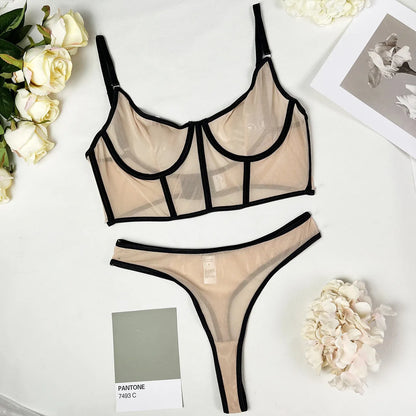 Lencería de encaje, ropa interior Sexy, conjunto sólido sin costuras para mujer, conjunto de 2 piezas de sujetador con transparencias y bragas, disfraz íntimo de Bilizna