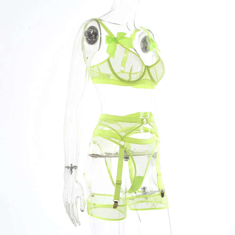 Sexy Neon-Dessous mit Socken, Spitze, Schleife, transparente Unterwäsche, durchsichtiges Netz, 5-teilig, heiße durchsichtige Sets