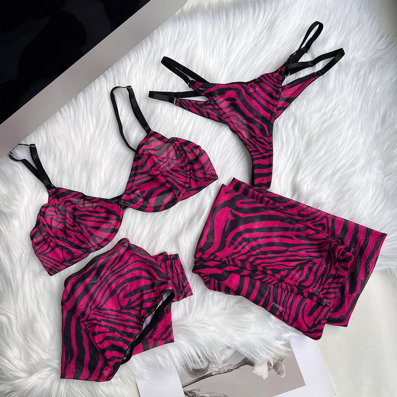 Zebra-Dessous für volles Crop-Top, enges Outfit, transparente transparente Spitze, nahtlose Intim-String-Slip-Sets