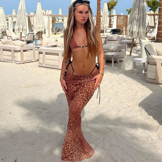 Strandkleid-Sets mit Leopardenmuster für Damen, Bikini-Set und Überrock-Anzug, sexy, durchsichtiger 3-teiliger Badeanzug aus Netzstoff, 2023, Strandmode