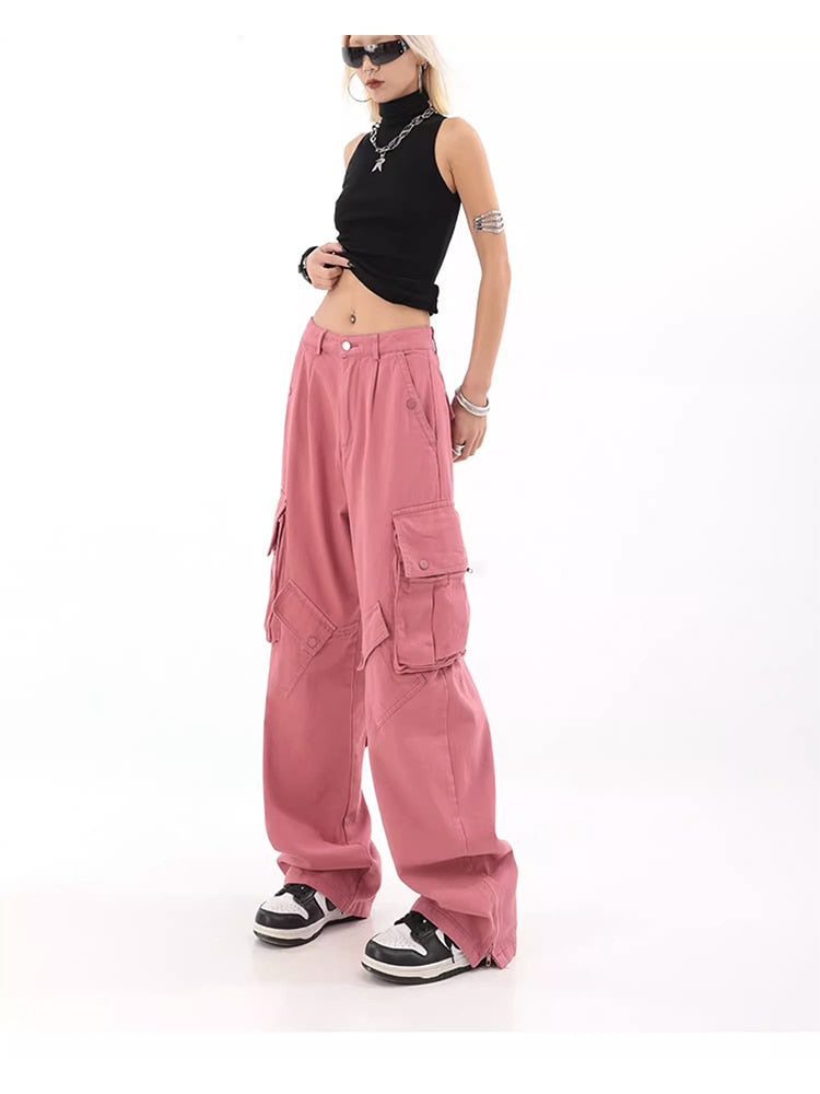 Pantalones Cargo rosas, ropa estilo informal, pantalones vaqueros rectos de cintura alta, moda Harajuku para mujer, pantalones vaqueros holgados de pierna ancha Y2K