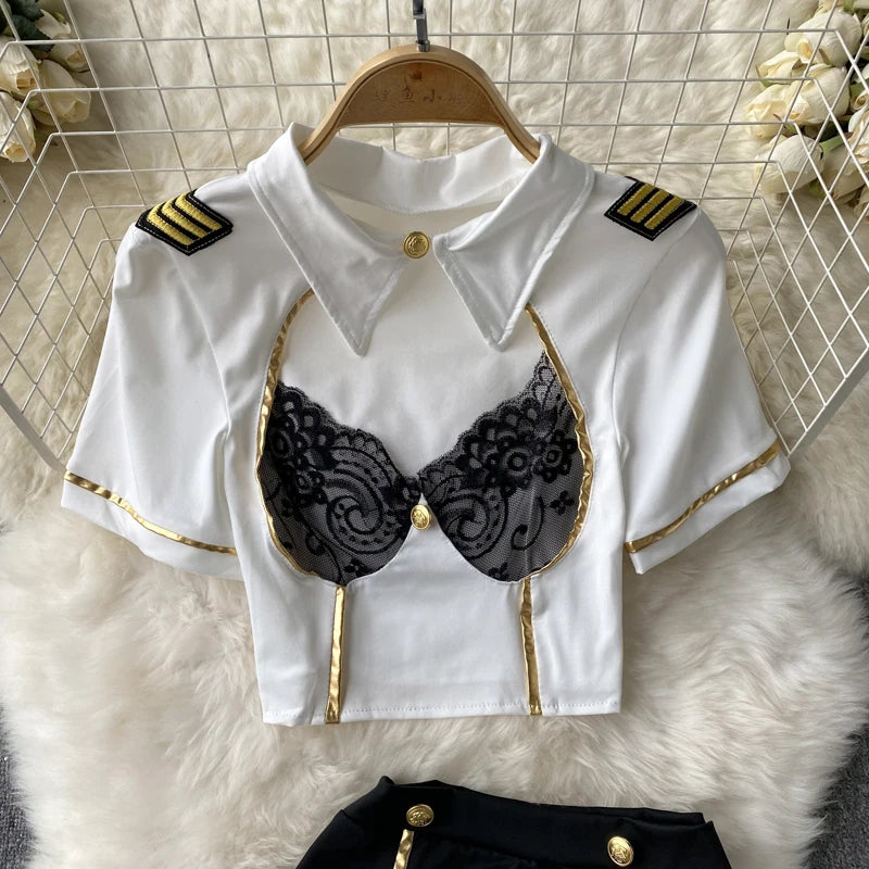 Uniform Cosplay Nachtanzüge Damen Sheer Lace Mini Top + Kurzer Rock + Sinnliche Tangas Mode Sexy Nachtwäsche Wanita