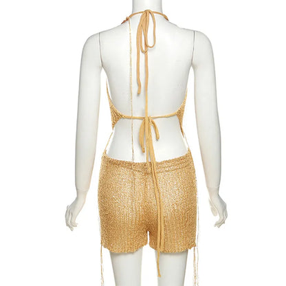 Gold Pailletten Halfter Kapuze Sexy Hohl Gestrickte Tank Tops und Shorts 2 Stück Set Frauen Rückenfreie Sommer Club Party Outfits