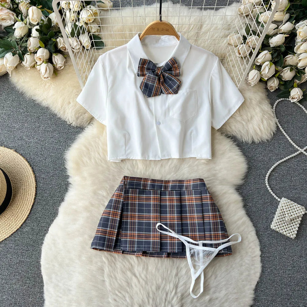 Cosplay   Outfit Women Lapel Neck Short Shirt+Plaid Mini Skirt+Thongs  2023 Preppy Style Sexy Nightwear Wanita