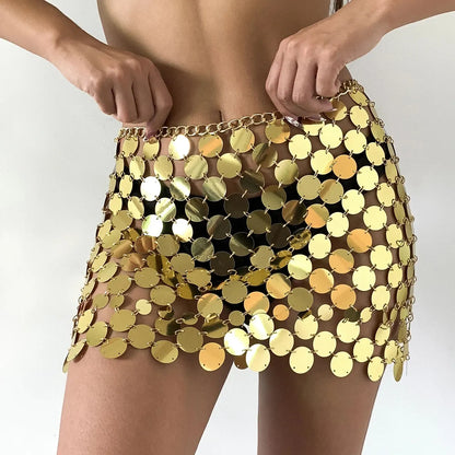 IngeSight.Z Glänzende Kunststoff-Pailletten-Bauchkette, Scheibenrock für Frauen, sexy Taillenkette, Kleid, Körperschmuck, Rave-Festival-Kleidung