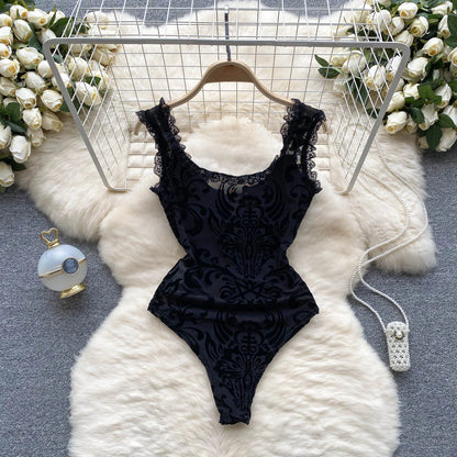 Flocking Floral Sheer Playsuits Sleeveless Ruffles Hotsweet Lace Up Slim Rompers 2023 Open Crotch Mesh Lace Bodysuits Wanita