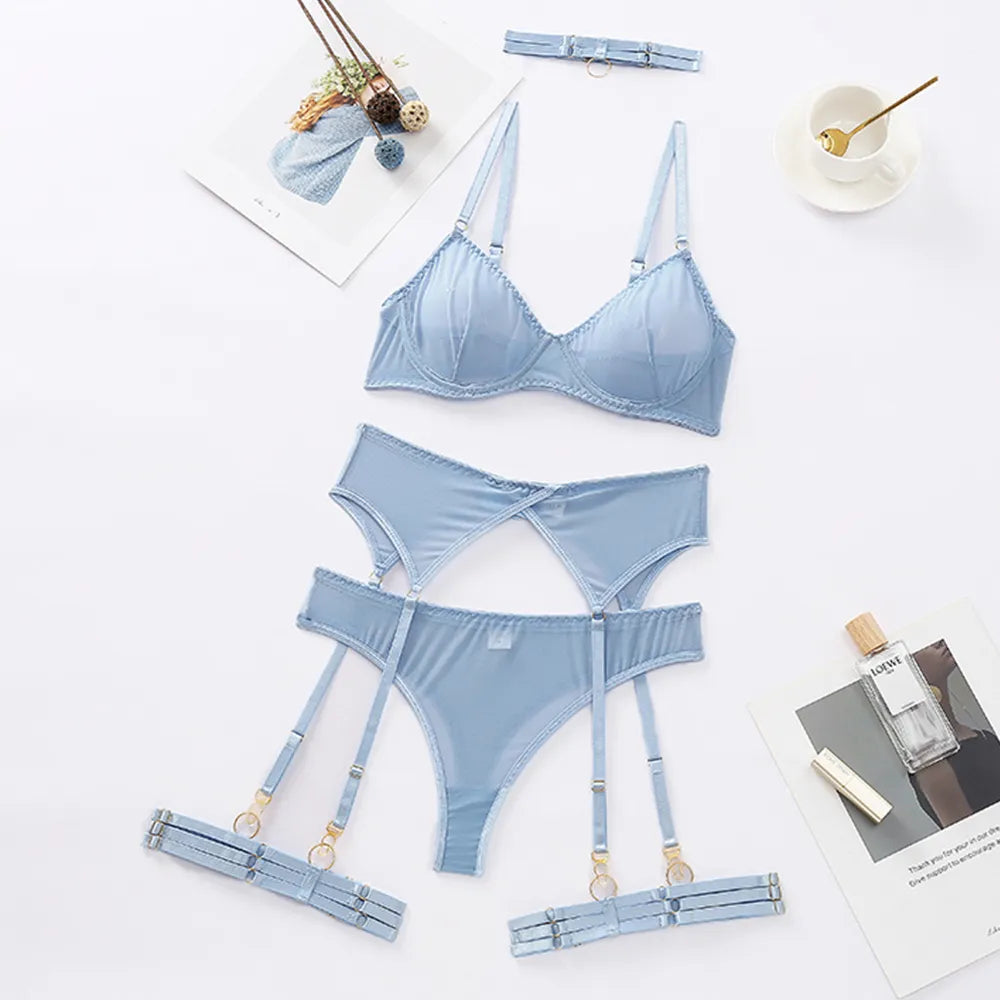 Set Woman 4 Pieces Sexy  Lingerie Underwear Bra Garters Brief Sets Transparent Lace Seamless Blue Setup Ladies