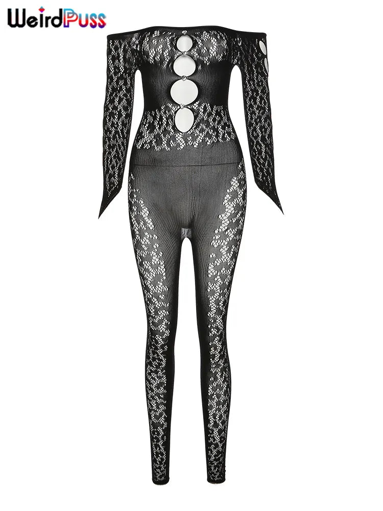 Weird Puss Sexy See Through Jumpsuits Hollow Thin Long Sleeve Fashion Chic Rhinestones Elastic Skinny Workout Midnight Clubwear