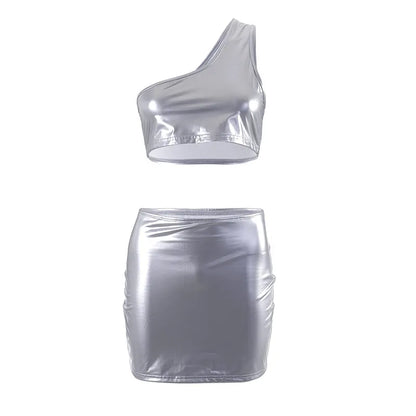 Bright Silver Sexy 2 Pieces Set Women 2023 New Solid Color One Shoulder Sleeveless Crop Top and Short Skirt Suit for Summer