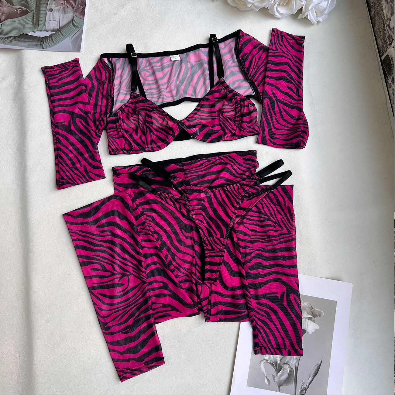 Zebra Lingerie For Full Crop Top Tight Outfit Transparent Sheer Lace Seamless Intimate G-String Briefs Sets