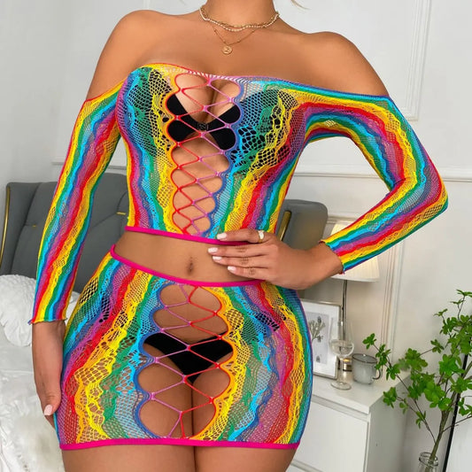 Wanita Rainbow Color  Two Piece Suits 2023 Women Sheath Cropped Top+Mini Skirt Sensual Mesh Hollow Out o Nightsuits