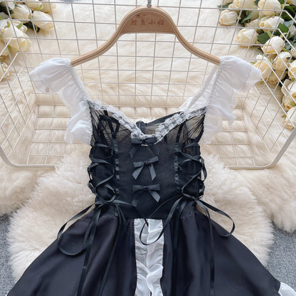 Lace Up Sweet Cosplay Sensual Mini Dress Women Strap Ruffles Nightwear+Thongs 2023  Sexy Sheer Nightdress Wanita