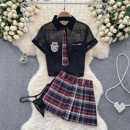 Preppy Style Sheer Sexy Suits Women  Top+Plaid Mini Skirt+Thongs Fashion Korean Cosplay  Three Pieces Sets Wanita