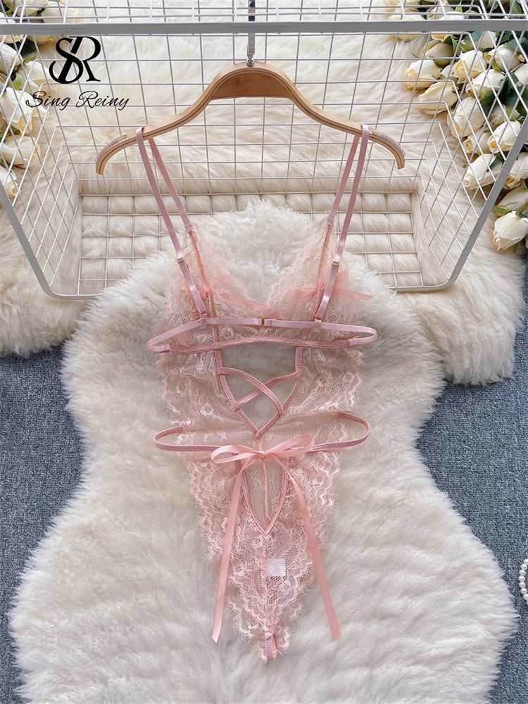 2023 Sheer Lace Sexy Playsuits Women Strap Elastic Slim Open Crotch  Nightwear Backless Underwear  Bodysuits Wanita