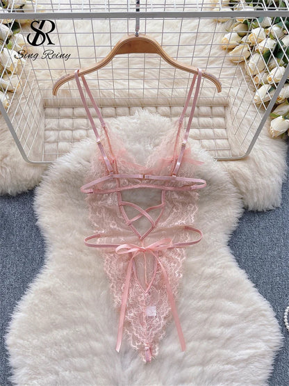 2023 Sheer Spitze Sexy Playsuits Frauen Strap Elastische Dünne Öffnen Gabelung Nachtwäsche Backless Unterwäsche Bodys Wanita