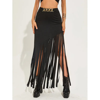 Goth Dark Tassel Punk Style Sexy Women Maxi Skirts Mall Gothic Grunge High Waist Long Skirt With Ring Belt Black Club Streetwear