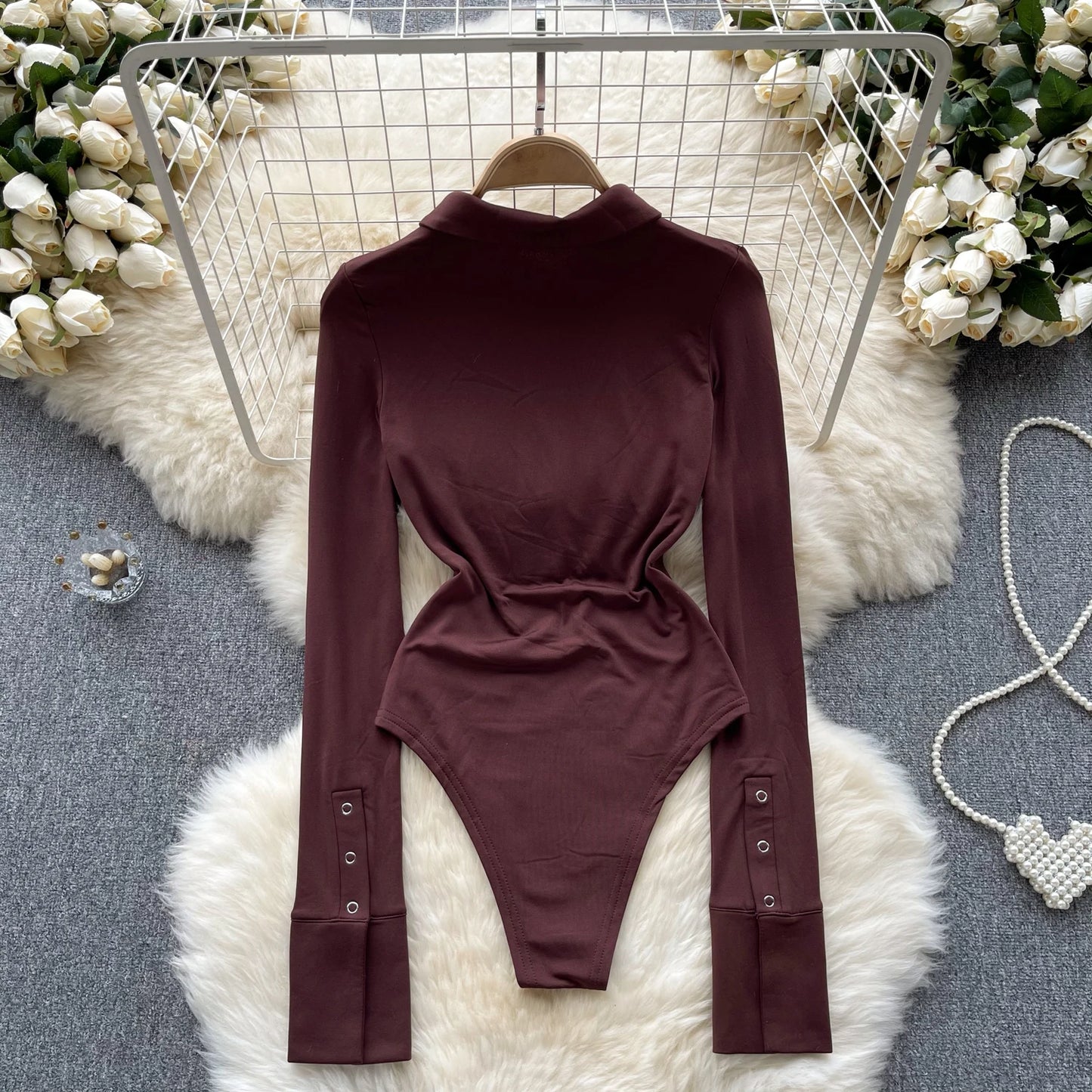 2023 frauen Streetwear Sexy Bodys Taste Polo Kragen Lange Ärmeln Y2K Outwear Mode Offenem Schritt Schlank Playsuits Wanita