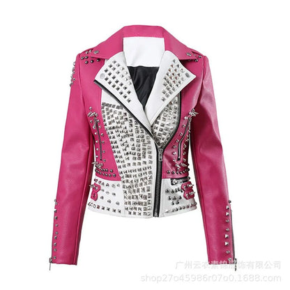 Spring and Autumn Pink Leather Jackets for Women ,Tiger Embroidered Faux Leather Moto PU Jacket and Coat With Rivets