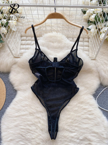 Sheer Mesh Lace Sexy Bodysuit 2023 Women Strap Design Backless Sensual Underwear Suits Hollow Out   Playsuit Wanita