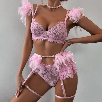 Lencería de plumas, ropa interior de lujo de encaje, conjuntos de sujetador y bragas transparentes de 5 piezas, Sissy íntimo sin costuras, Push Up Sensual