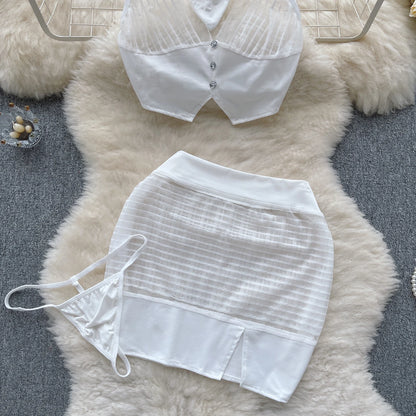 Conjunto de tres piezas Sexy de noche para mujer, camisola transparente con cuello Halter, minifalda y tangas, trajes coreanos de encaje con espalda descubierta Wanita 2023