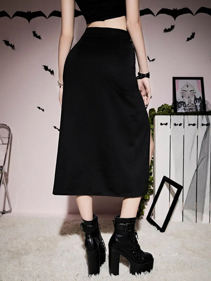 Goth Dark Grunge  High Split Sexy Midi Skirts Mall Gothic Techwear Irregular Eyelet Long Skirt For Women Black Partywear