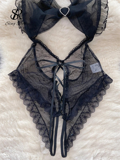 Monos abiertos Cortch para mujer, ropa de dormir Sensual de malla dulce con volantes y tirantes, mono Sexy transparente con espalda descubierta Wanita