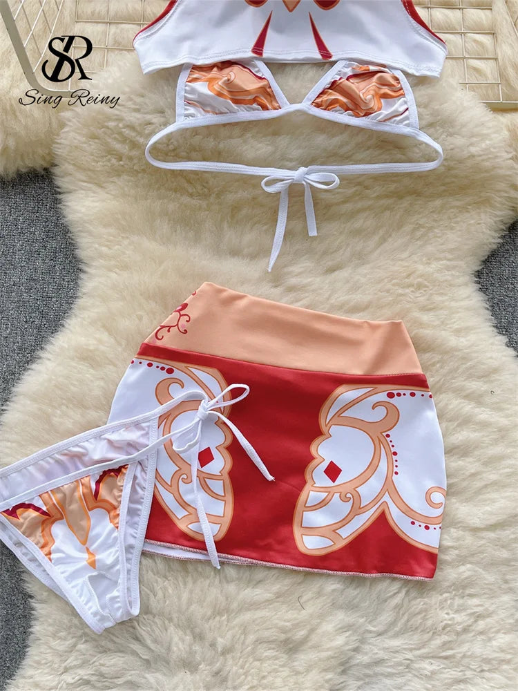 Cosplay Sexy Anzüge 2023 Ärmelloses Mini Top + Kurzer Schlanker Rock + Tangas Mantel Print Bikini Süße Drei Stücke Sets Wanita