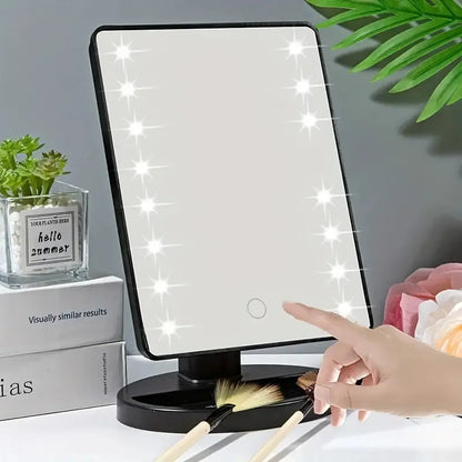 Espejo de maquillaje iluminado, batería cuadrada y USB recargable, espejo de belleza de doble uso, espejo de tocador con pantalla táctil, brillo