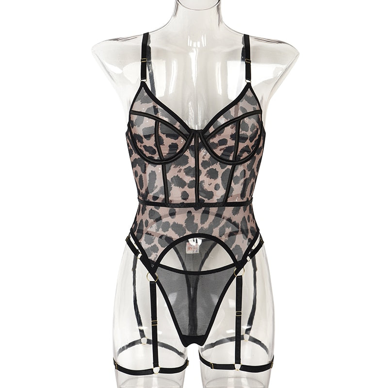 Leoparden-Dessous-Set, nahtlose Spitzen-Sets, 3-teiliges BH-Set, Push-Up-Tüll-Unterwäsche, sinnliche Spitzen-Slip-Sets