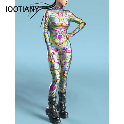 Mehrfarbiges Skelett-bedrucktes Kostüm für Damen, Zentai-Body mit Reißverschluss vorne, Halloween-Party-Overalls, Karneval, Urlaub, Show-Outfit