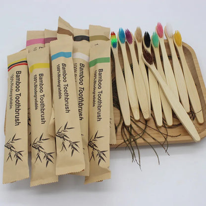 Single Cowhide Wrapped Bamboo Toothbrush Set Natural and Environmentally Friendly Bamboo Toothbrush Tablet 10 PCS Wholesale